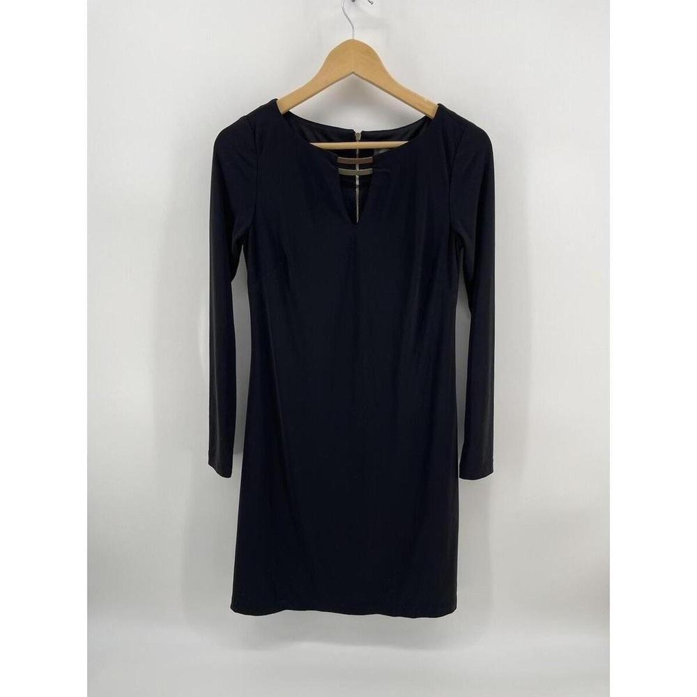 Vince Camuto Black Sheath Dress Gold Bar Cutout Back Zip Long Sleeve Size 2